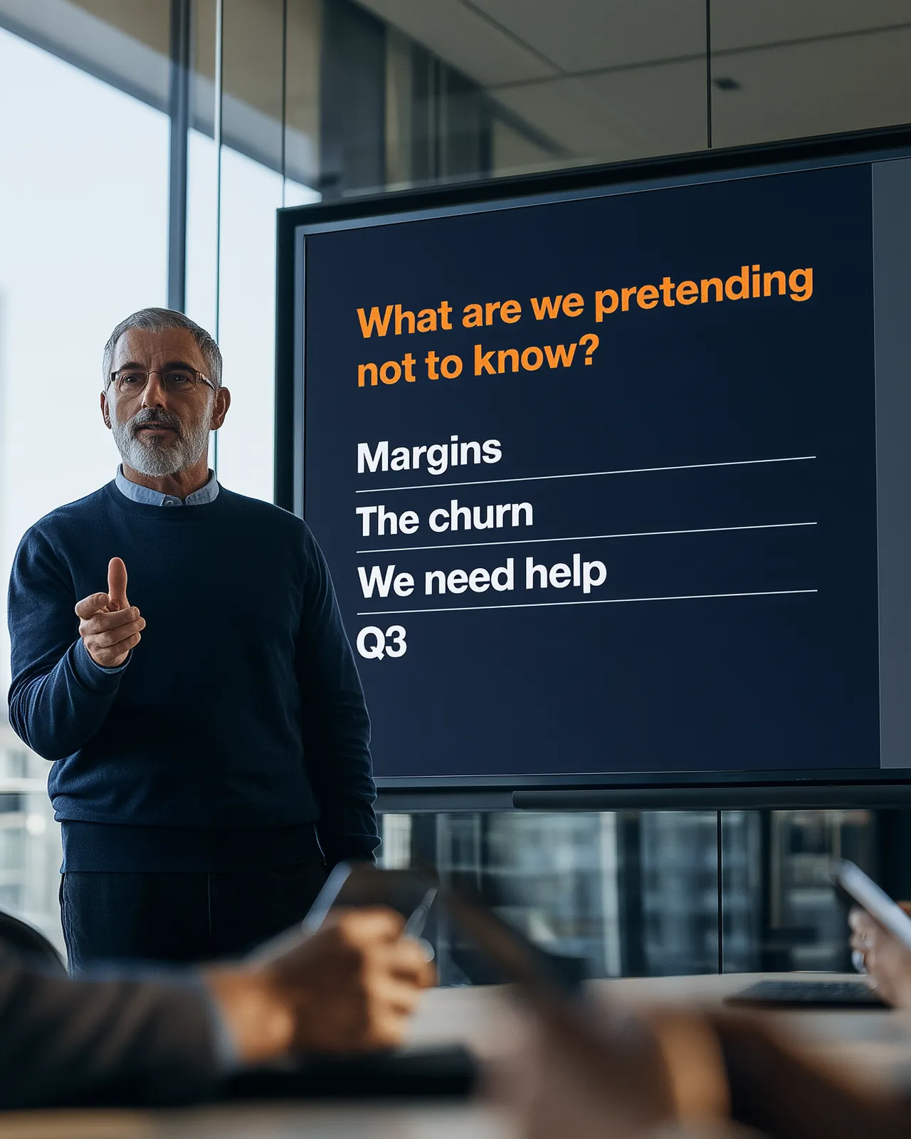 In a glass walled office, a leader stands beside the team's honest answers to what they are pretending not to know